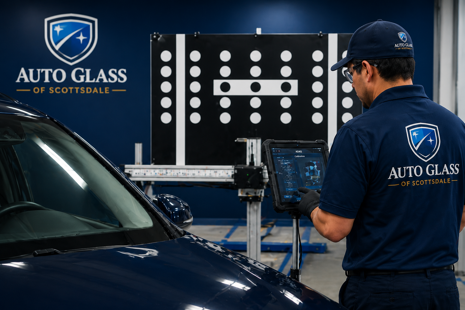 Two East Valley Auto Glass technicians installing a windshield